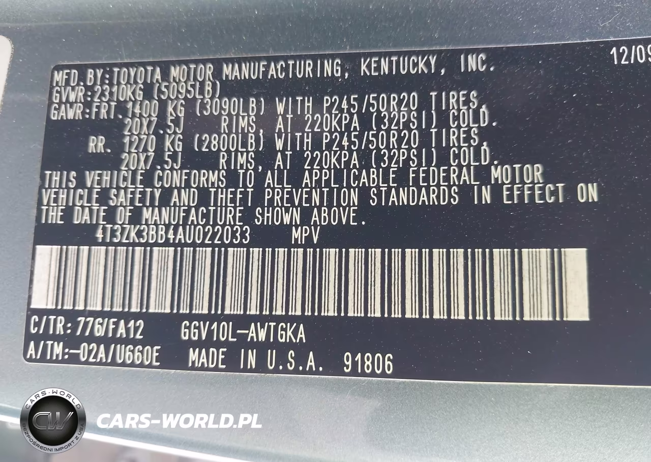 2010 Toyota Venza Base V6 VIN:4T3ZK3BB4AU022033 - 9