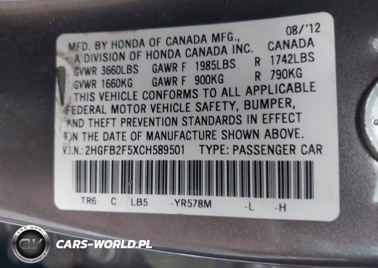2012 Honda Civic Lx VIN:2HGFB2F5XCH589501 - 9