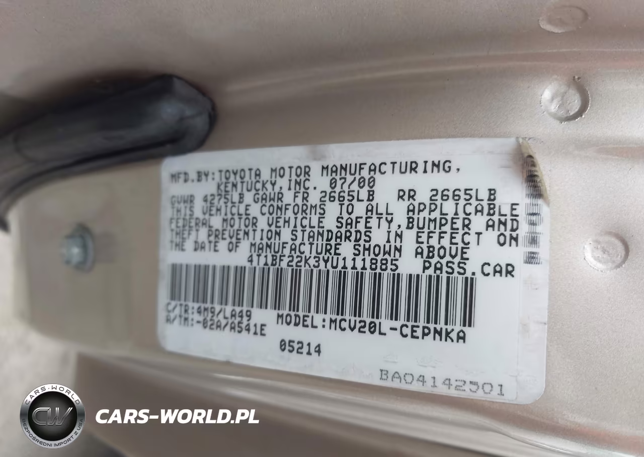 2000 Toyota Camry Le V6 VIN:4T1BF22K3YU111885 - 9