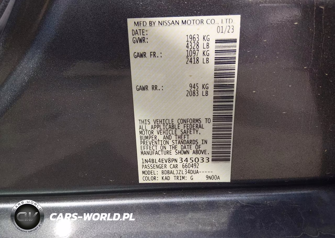 2023 Nissan Altima Sl Fwd VIN:1N4BL4EV8PN345033 - 9