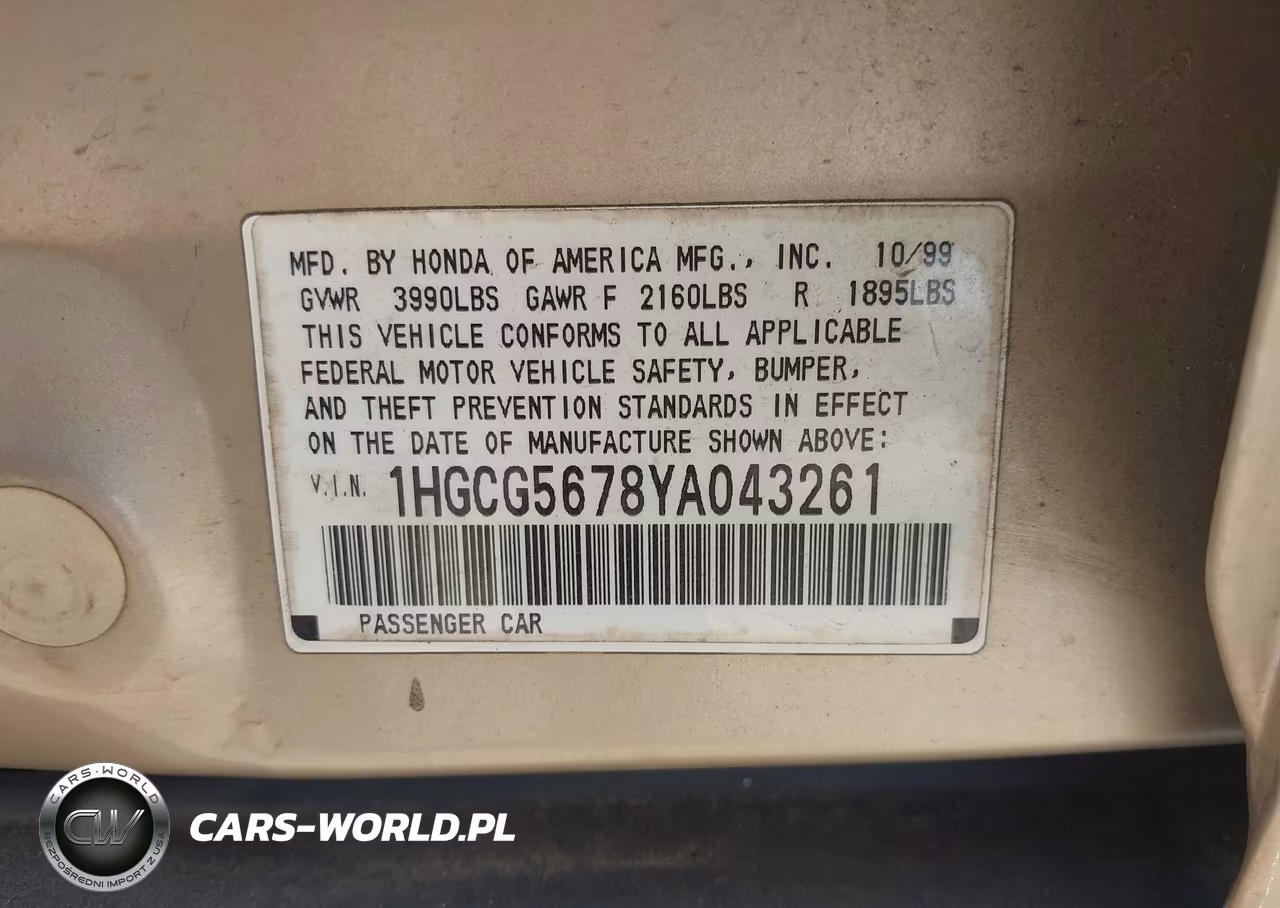 2000 Honda Accord 2.3 Se VIN:1HGCG5678YA043261 - 9