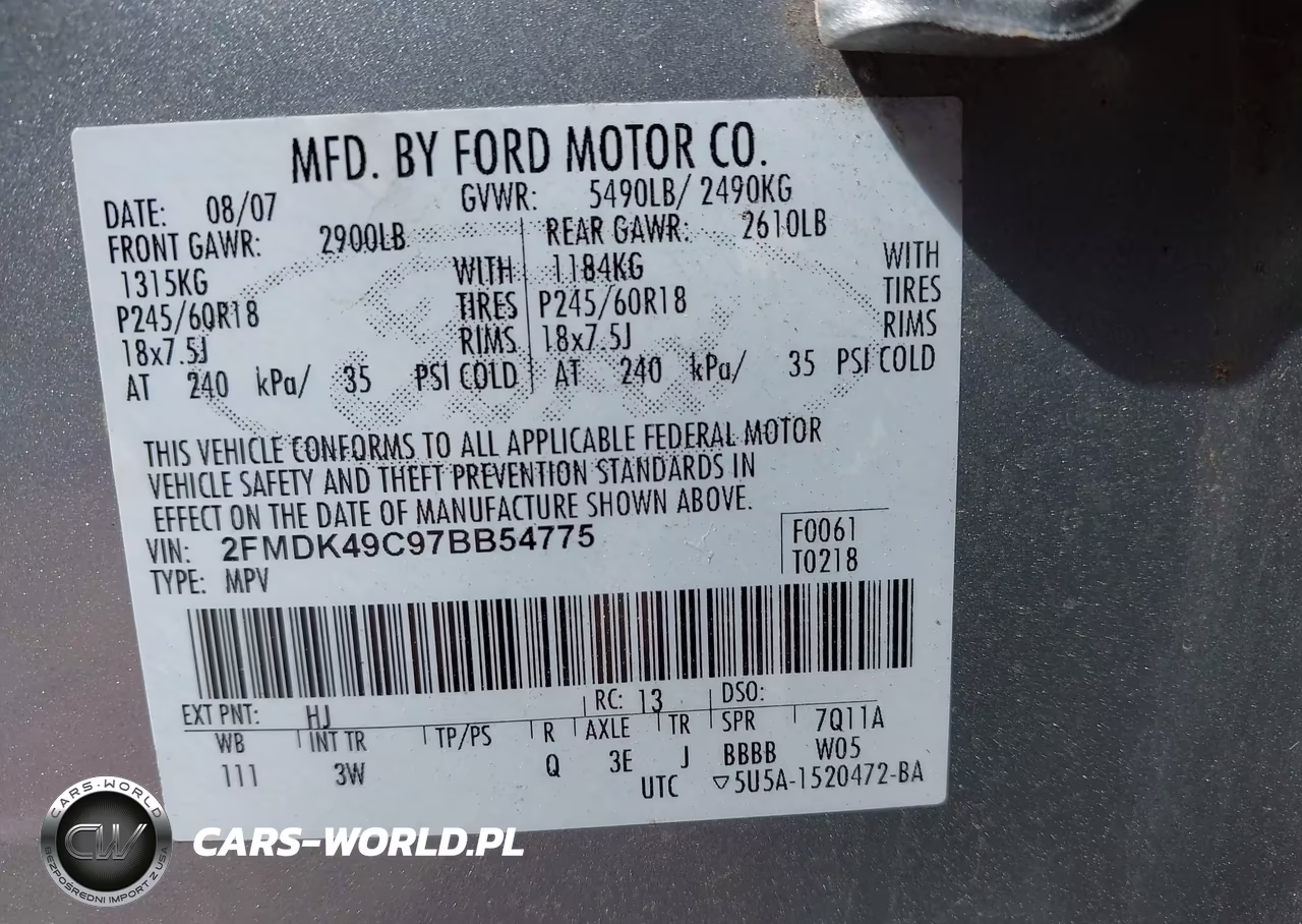 2007 Ford Edge Sel Plus VIN:2FMDK49C97BB54775 - 9