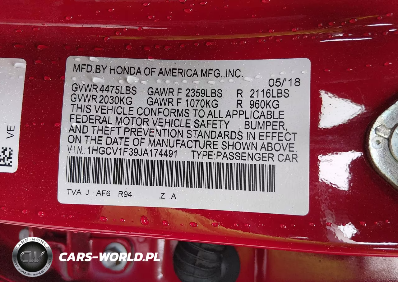 2018 Honda Accord Sport VIN:1HGCV1F39JA174491 - 9
