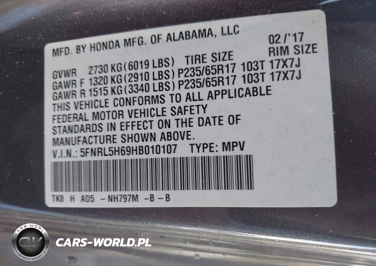 2017 Honda Odyssey Ex-L VIN:5FNRL5H69HB010107 - 9