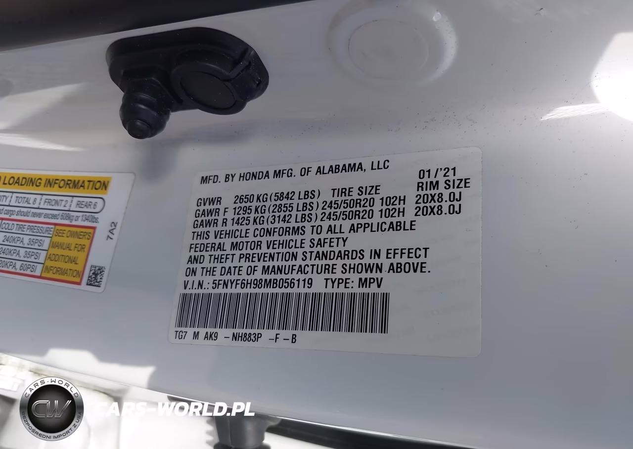 2021 Honda Pilot Awd Touring 8 Passenger VIN:5FNYF6H98MB056119 - 8