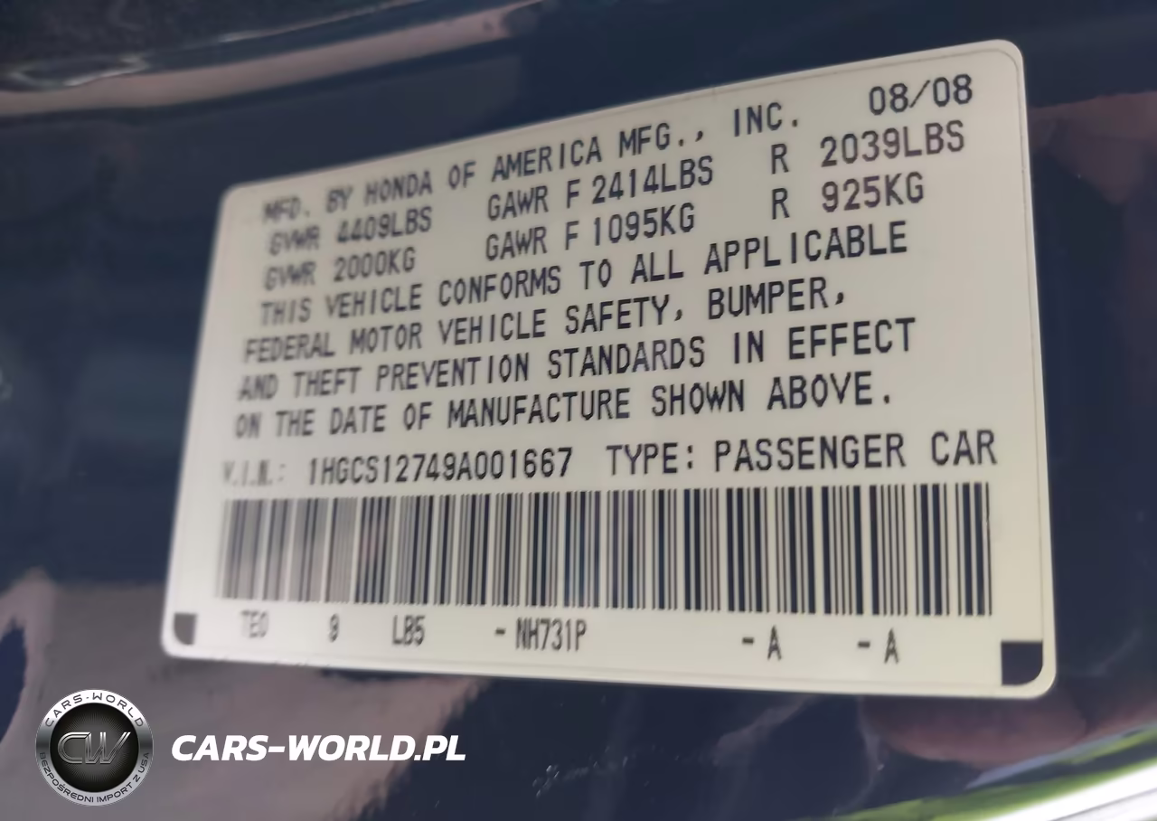 2009 Honda Accord 2.4 Ex VIN:1HGCS12749A001667 - 9