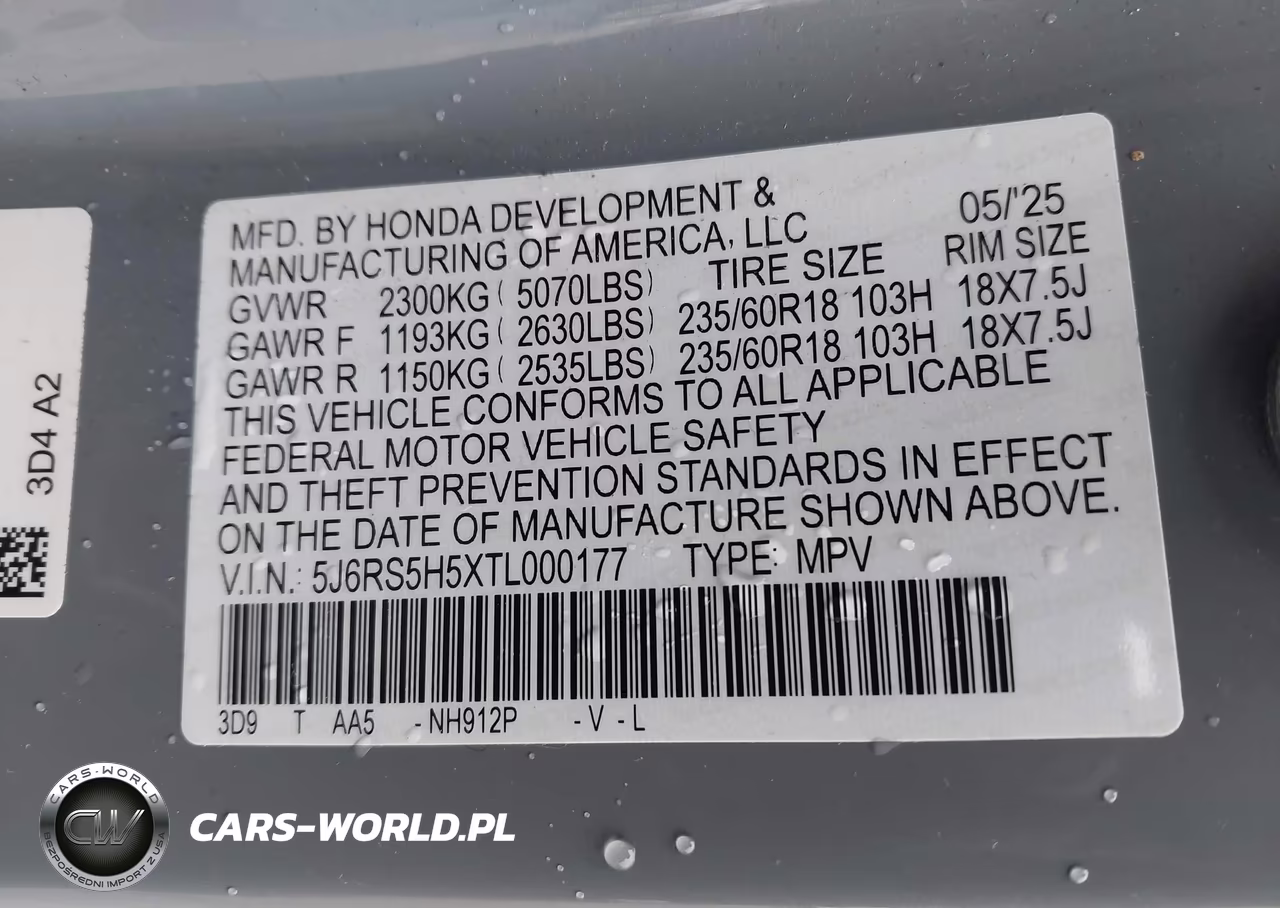 2026 Honda Cr-V Hybrid 2Wd Sport VIN:5J6RS5H5XTL000177 - 9