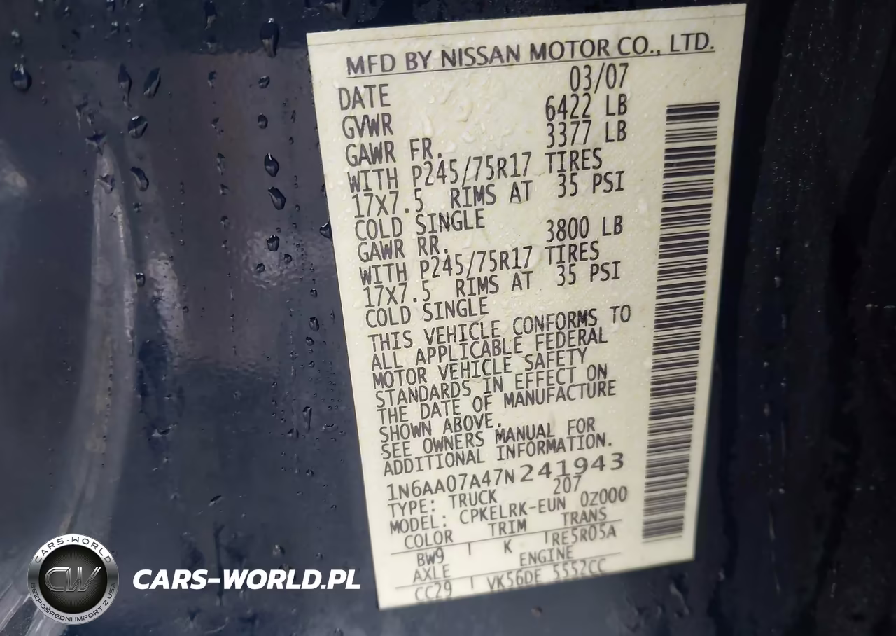 2007 Nissan Titan Xe VIN:1N6AA07A47N241943 - 9