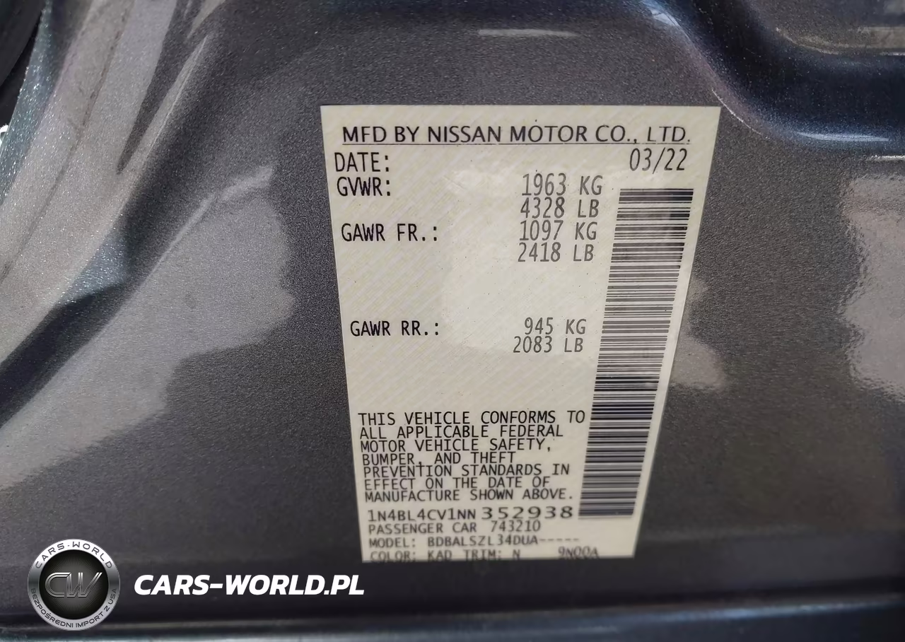 2022 Nissan Altima Sr Fwd VIN:1N4BL4CV1NN352938 - 9