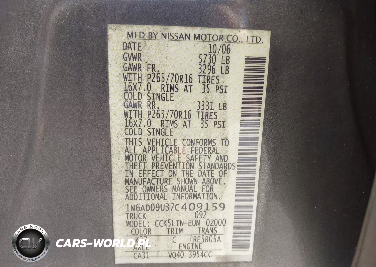 2007 Nissan Frontier Se VIN:1N6AD09U37C409159 - 9
