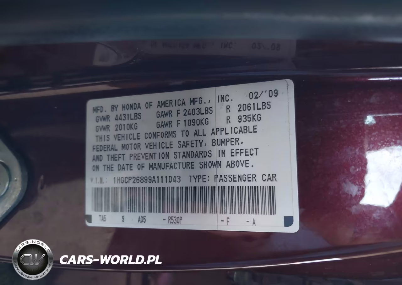 2009 Honda Accord 2.4 Ex-L VIN:1HGCP26899A111043 - 9