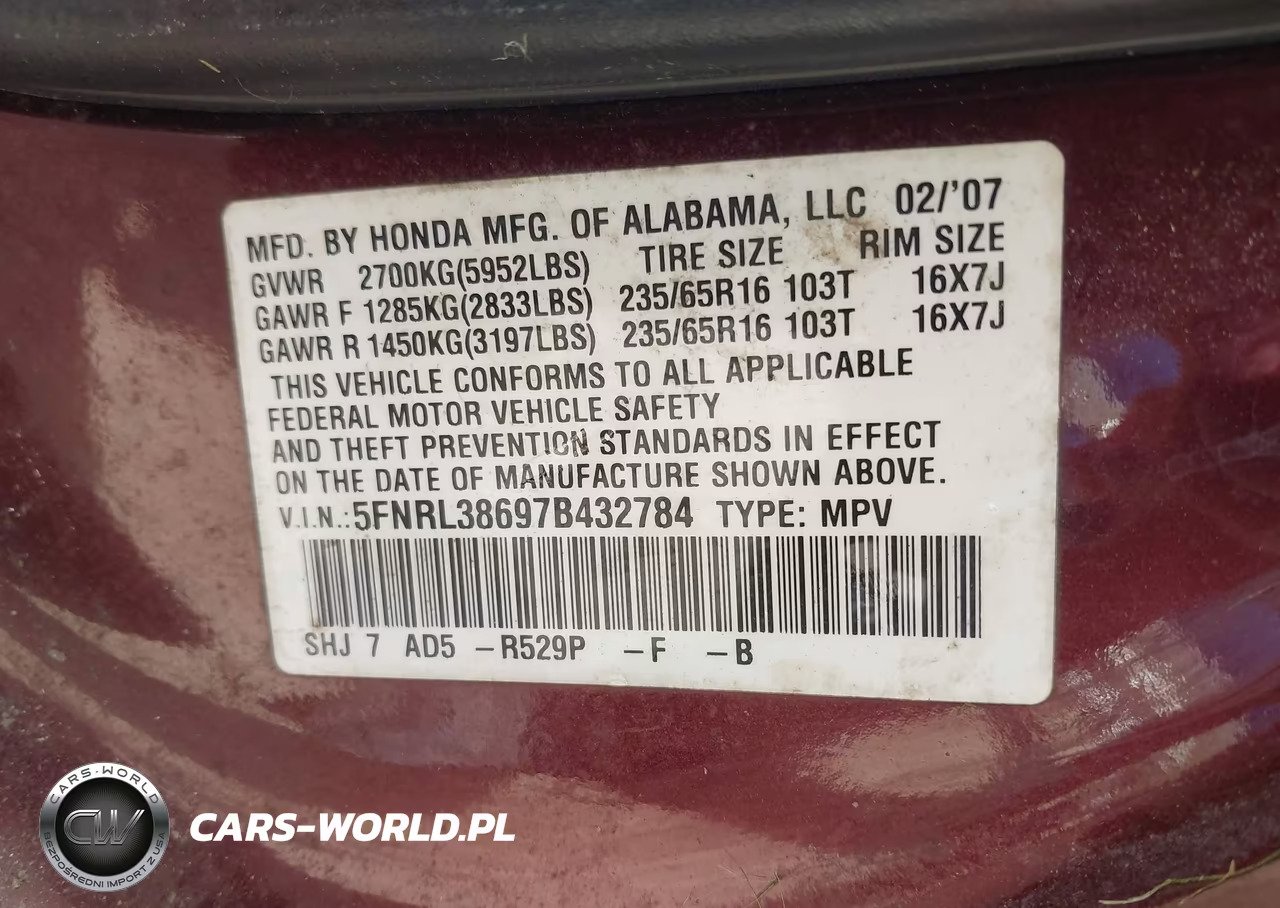 2007 Honda Odyssey Ex-L VIN:5FNRL38697B432784 - 9