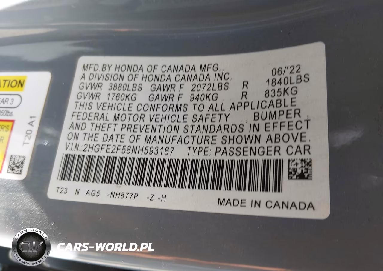 2022 Honda Civic Sport VIN:2HGFE2F58NH593167 - 9