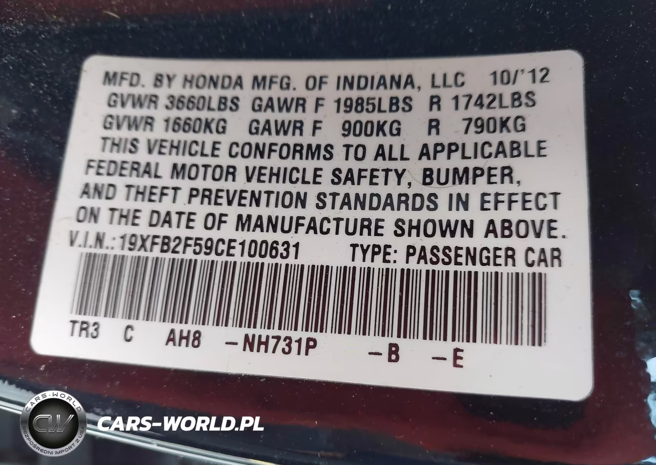 2012 Honda Civic Lx VIN:19XFB2F59CE100631 - 9
