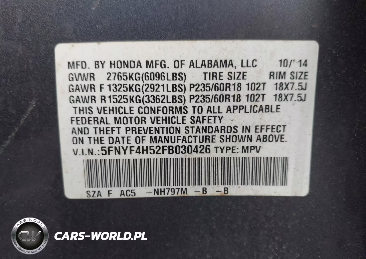2015 Honda Pilot Ex-L VIN:5FNYF4H52FB030426 - 9