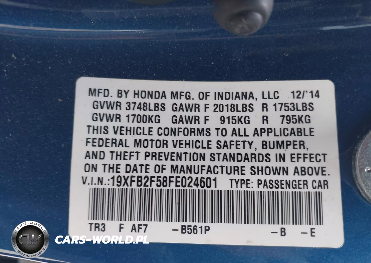2015 Honda Civic Lx VIN:19XFB2F58FE024601 - 9