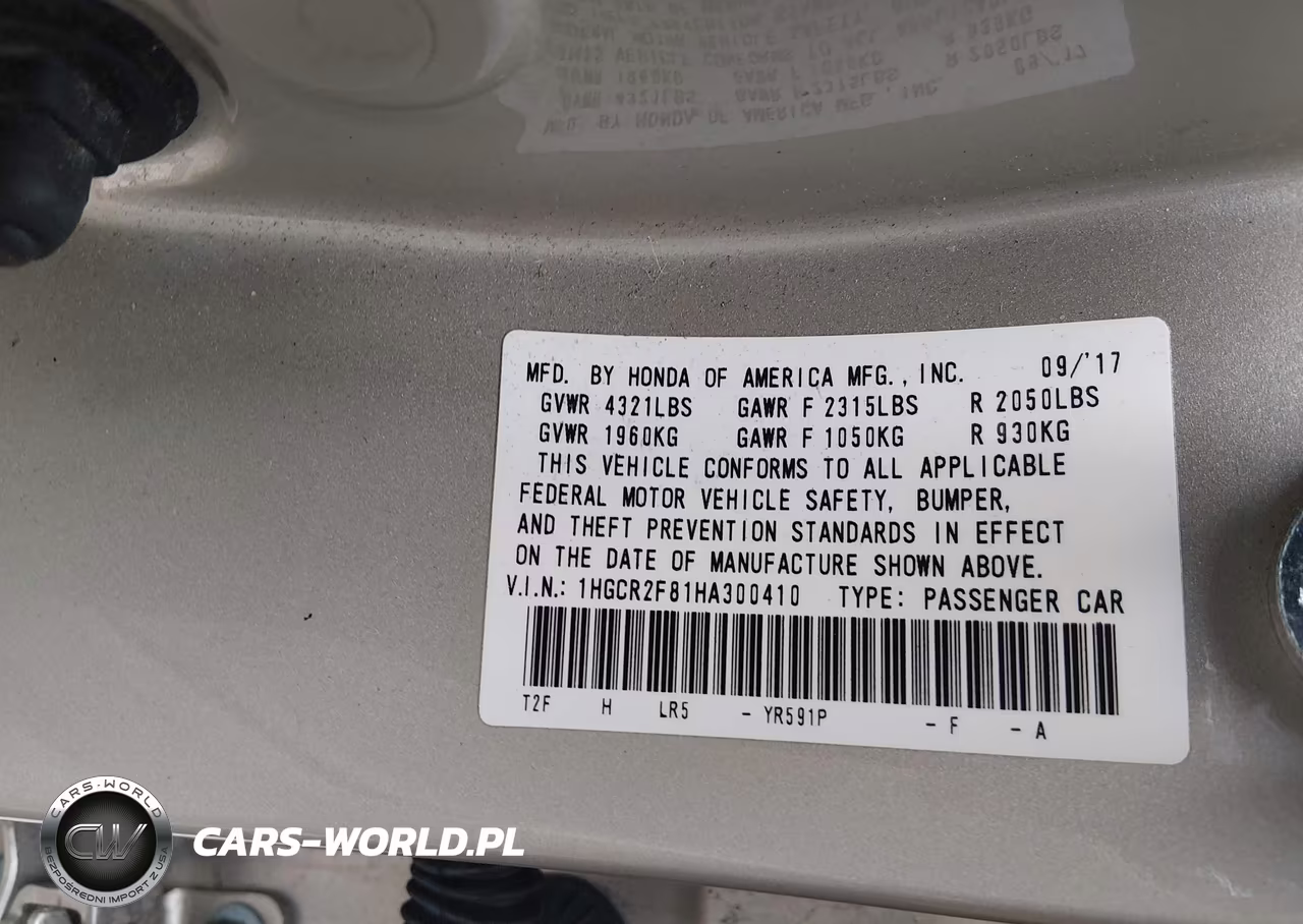 2017 Honda Accord Ex-L VIN:1HGCR2F81HA300410 - 9