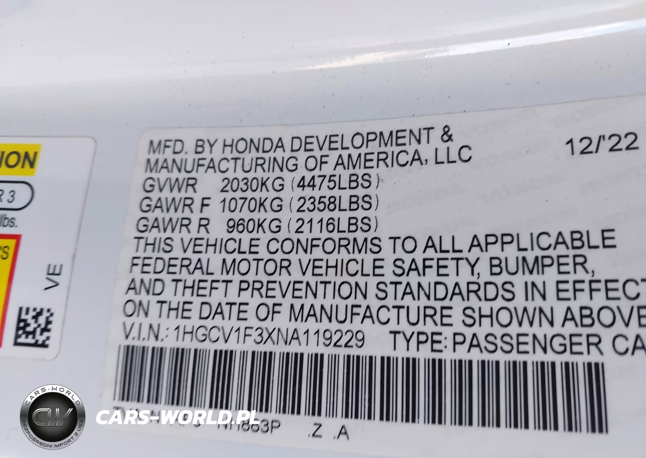 2022 Honda Accord Sport VIN:1HGCV1F3XNA119229 - 9