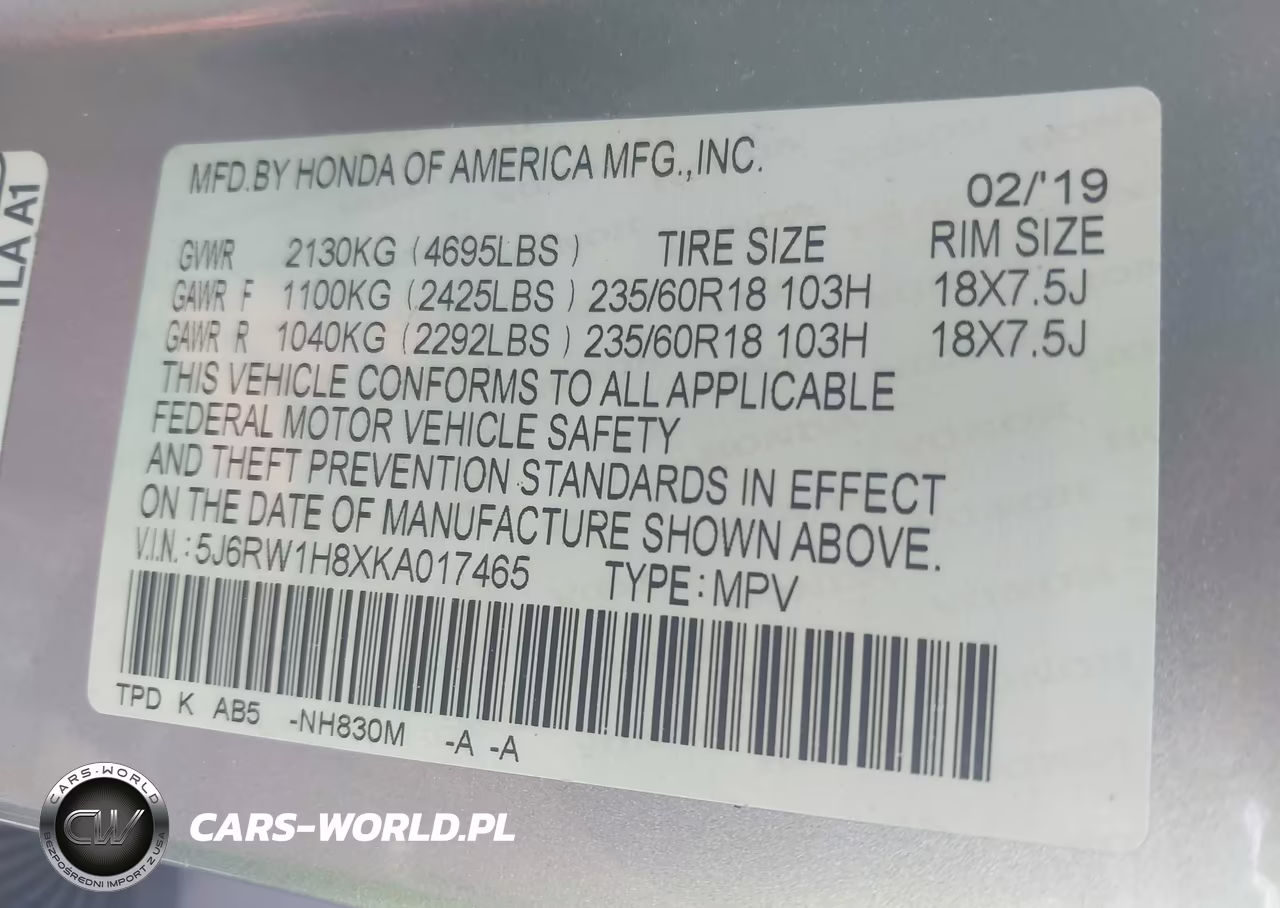 2019 Honda Cr-V Ex-L VIN:5J6RW1H8XKA017465 - 9