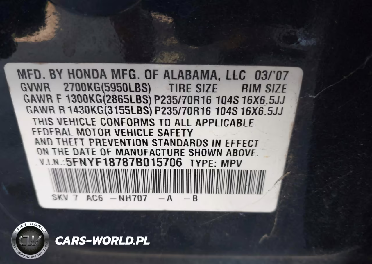 2007 Honda Pilot Ex-L VIN:5FNYF18787B015706 - 9