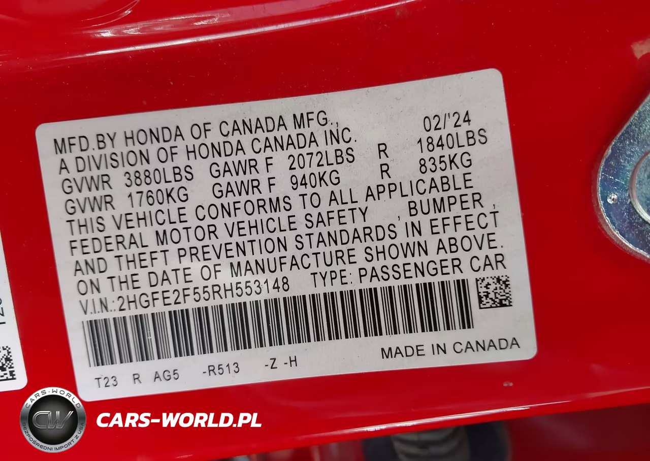 2024 Honda Civic Sport VIN:2HGFE2F55RH553148 - 9