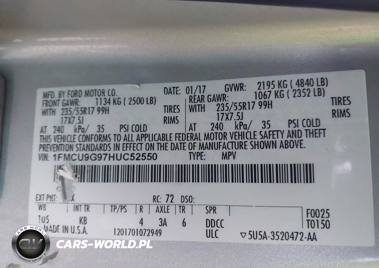 2017 Ford Escape Se VIN:1FMCU9G97HUC52550 - 9