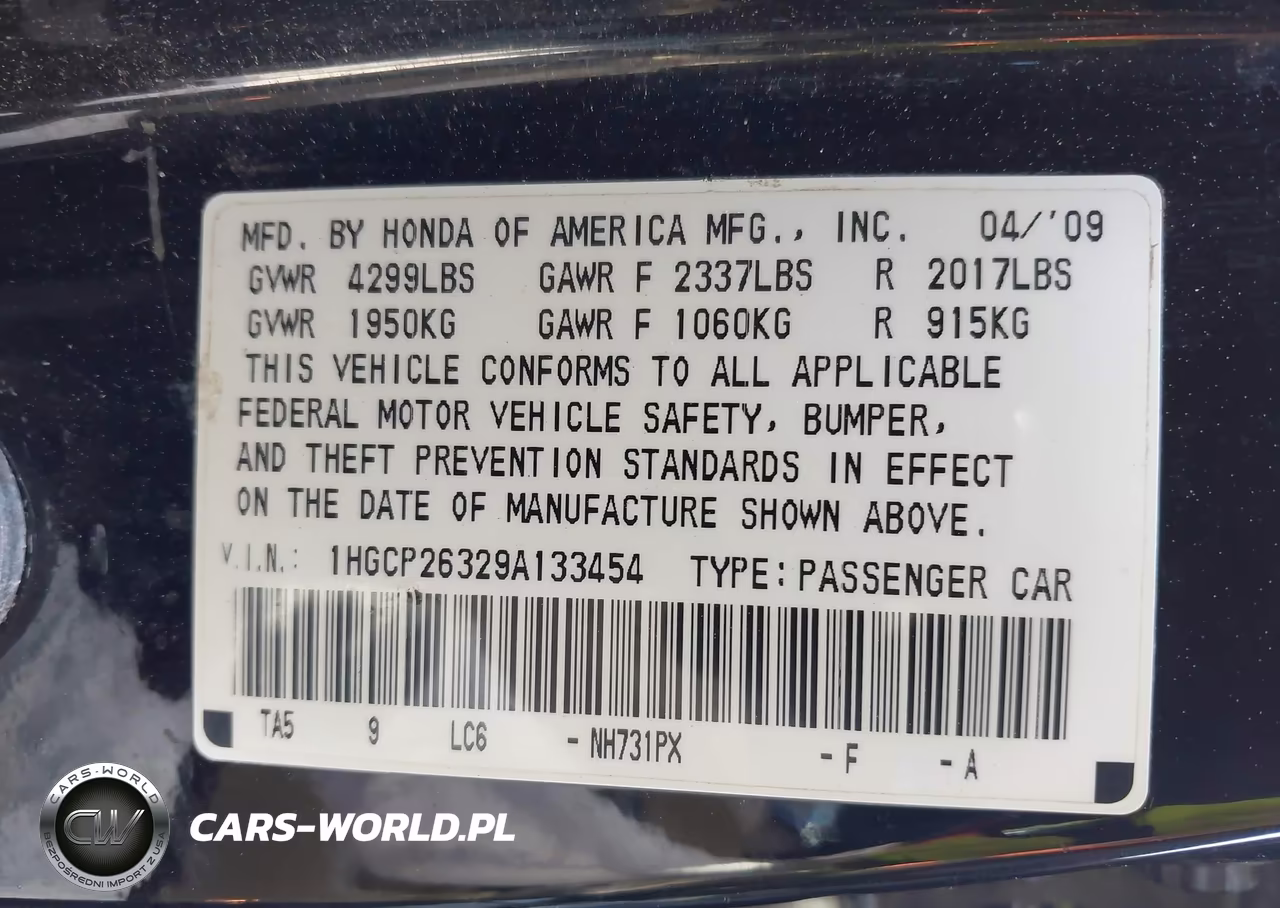 2009 Honda Accord 2.4 Lx VIN:1HGCP26329A133454 - 9