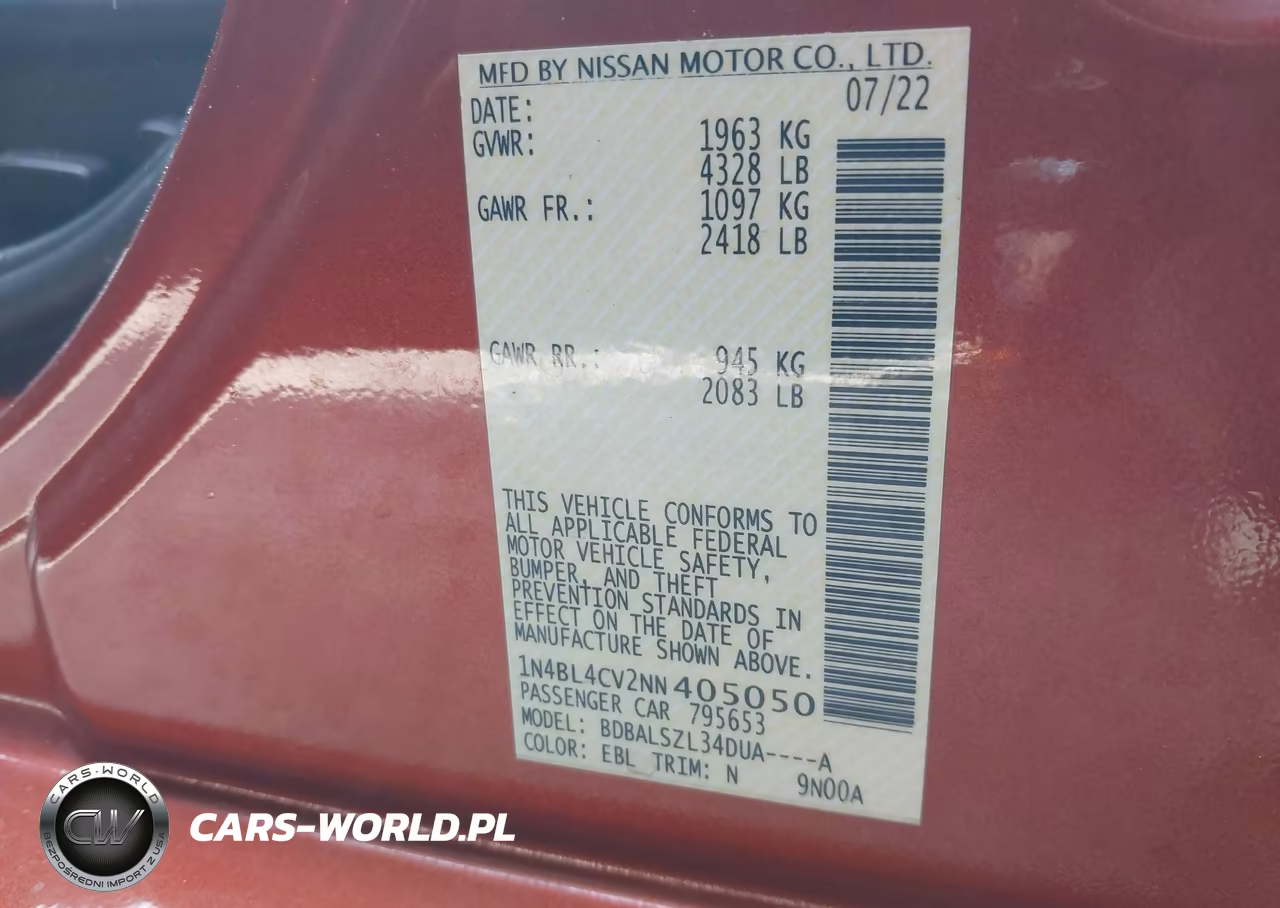 2022 Nissan Altima Sr Fwd VIN:1N4BL4CV2NN405050 - 9
