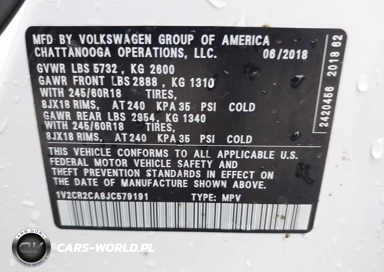 2018 Volkswagen Atlas 3.6L V6 Se VIN:1V2CR2CA8JC579191 - 9