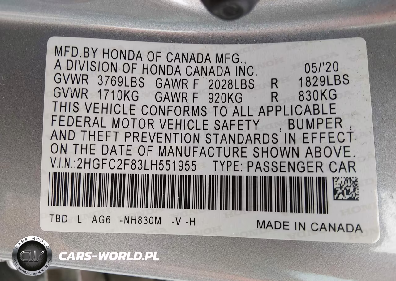 2020 Honda Civic Sport VIN:2HGFC2F83LH551955 - 9