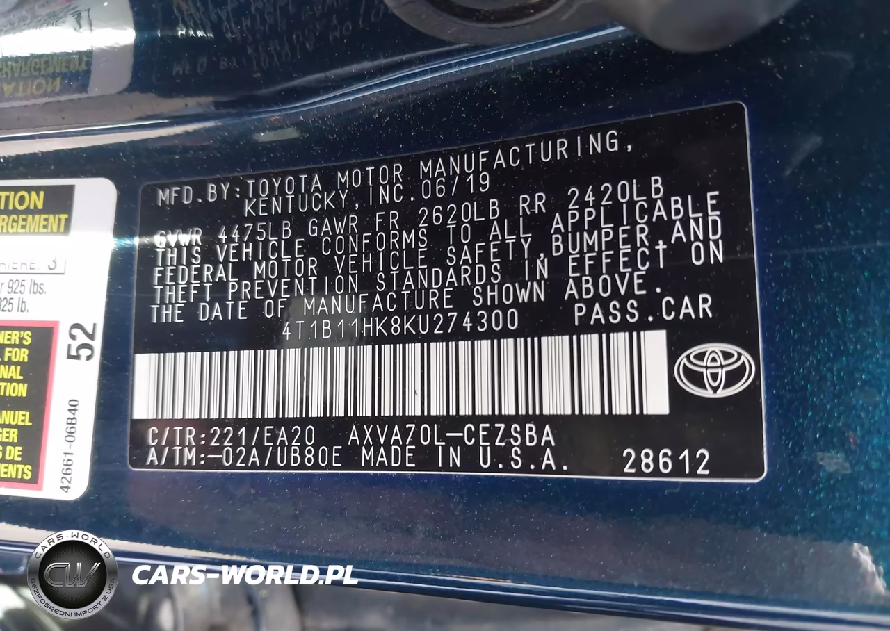 2019 Toyota Camry Se VIN:4T1B11HK8KU274300 - 9