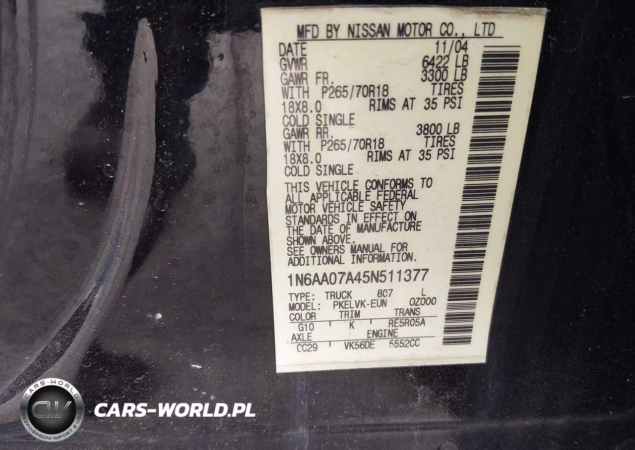 2005 Nissan Titan Le VIN:1N6AA07A45N511377 - 9