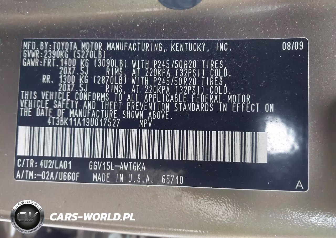 2009 Toyota Venza Base V6 VIN:4T3BK11A19U017527 - 9