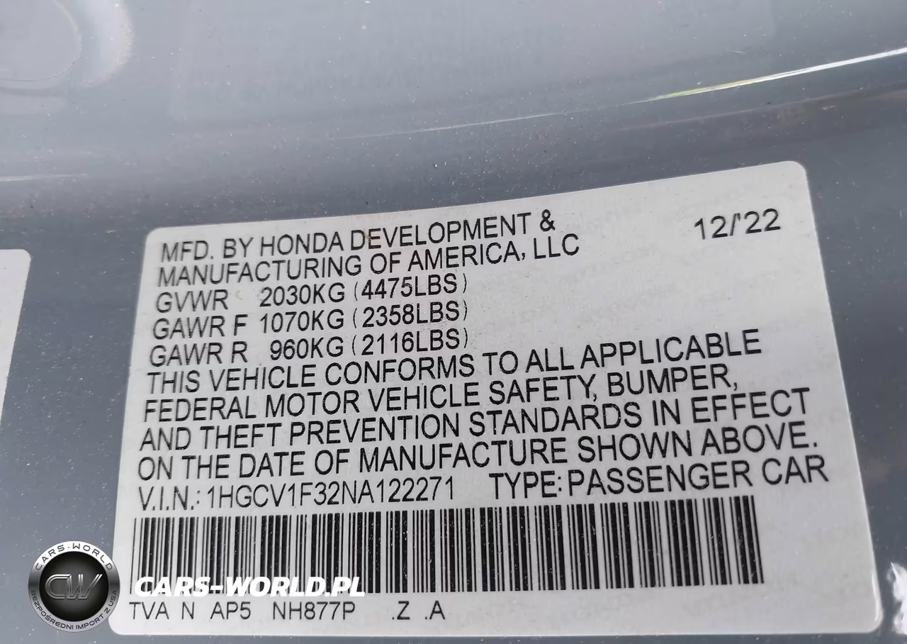 2022 Honda Accord Sport VIN:1HGCV1F32NA122271 - 9