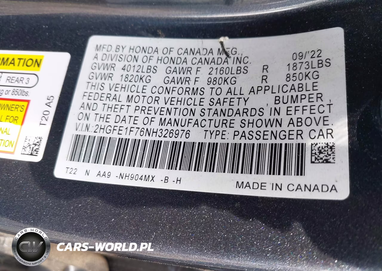 2022 Honda Civic Ex VIN:2HGFE1F76NH326976 - 9
