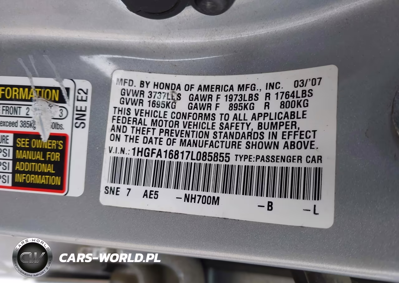 2007 Honda Civic Ex VIN:1HGFA16817L085855 - 9