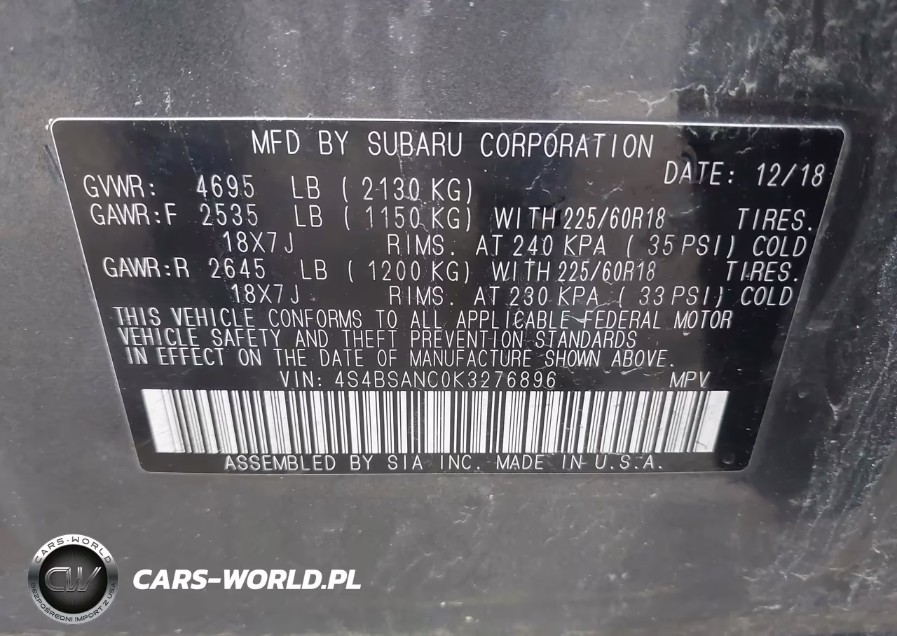 2019 Subaru Outback 2.5I Limited VIN:4S4BSANC0K3276896 - 9