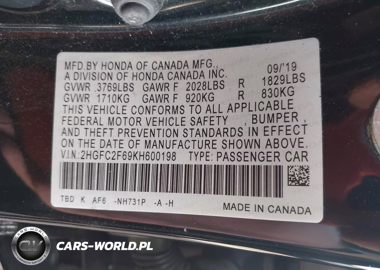 2019 Honda Civic Lx VIN:2HGFC2F69KH600198 - 9