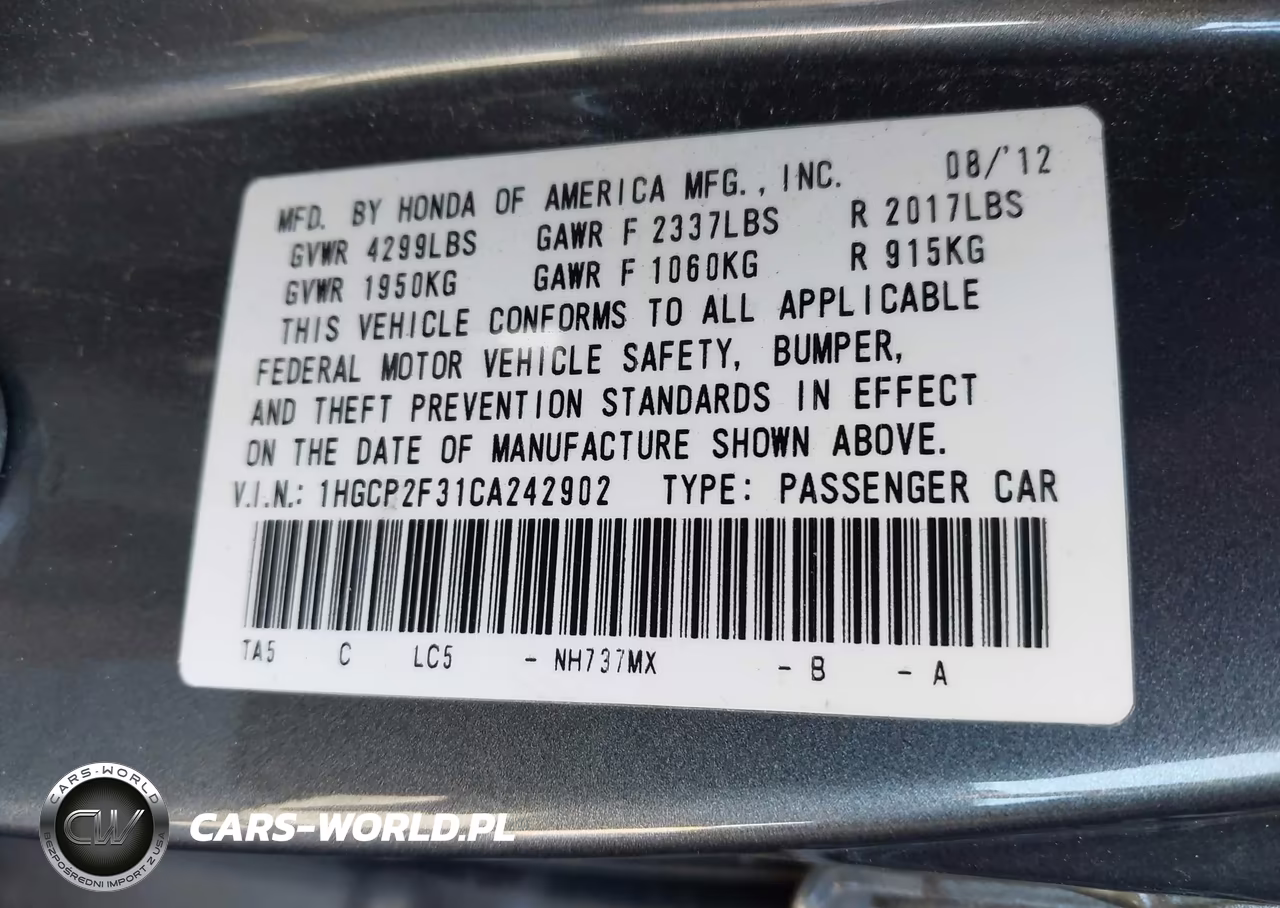 2012 Honda Accord 2.4 Lx VIN:1HGCP2F31CA242902 - 9