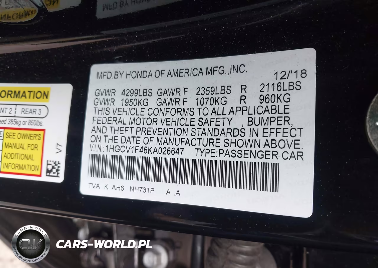 2019 Honda Accord Ex VIN:1HGCV1F46KA026647 - 9