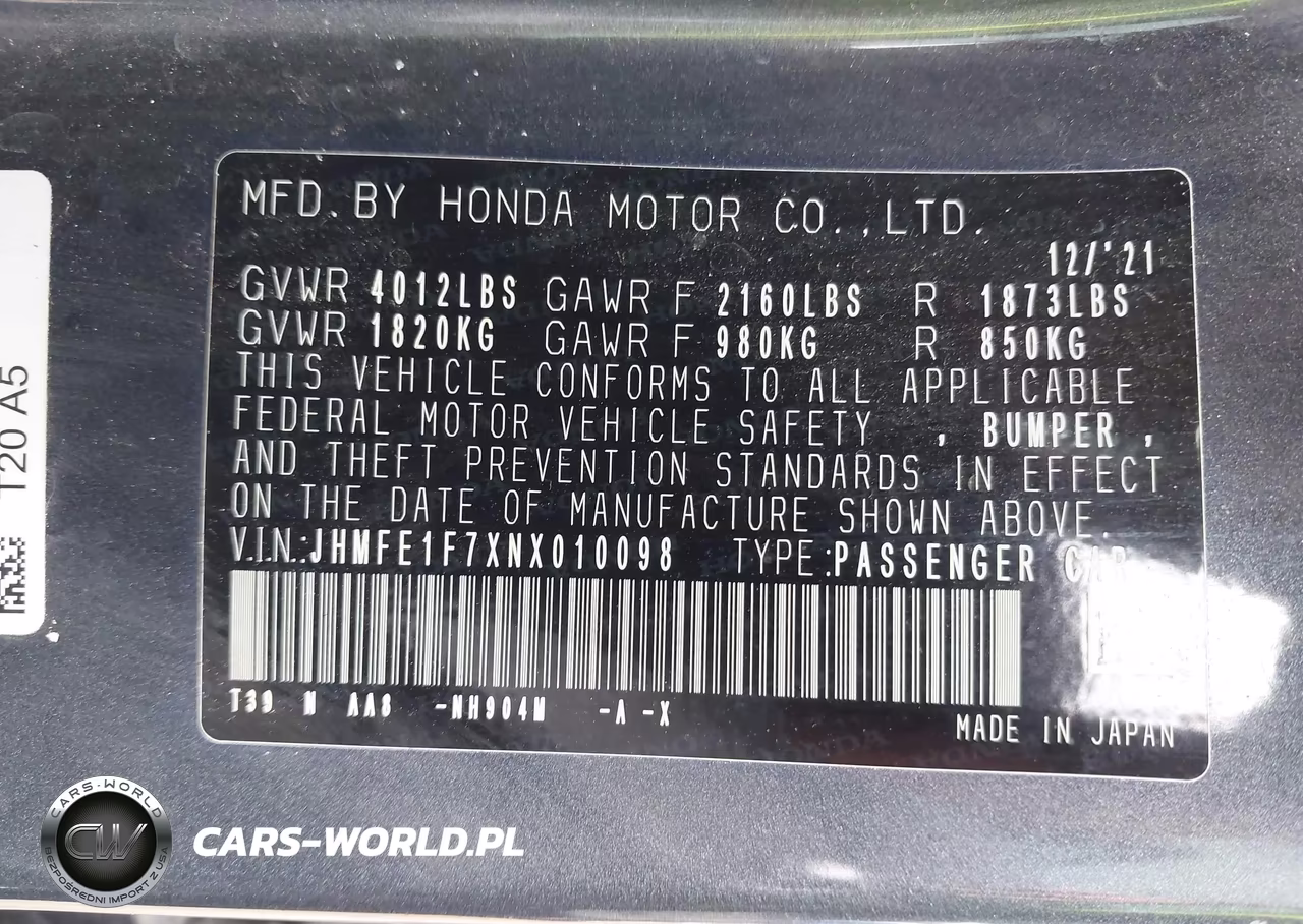 2022 Honda Civic Ex VIN:JHMFE1F7XNX010098 - 9