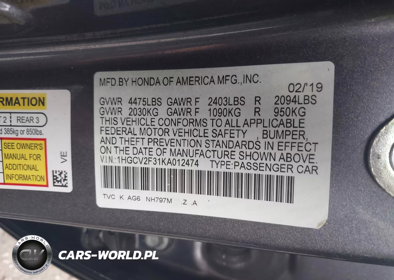 2019 Honda Accord Sport 2.0T VIN:1HGCV2F31KA012474 - 9
