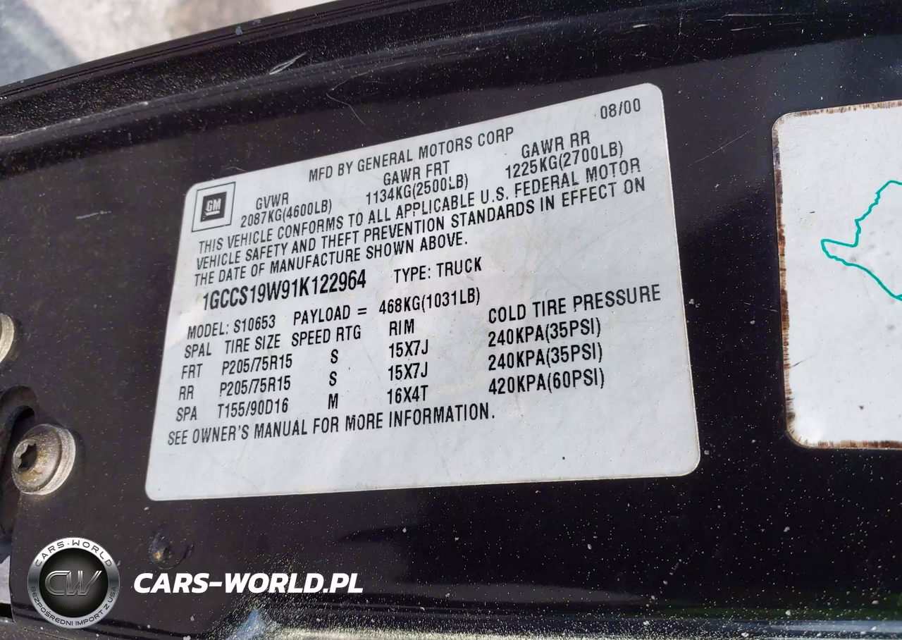 2001 Chevrolet S-10 Ls VIN:1GCCS19W91K122964 - 9