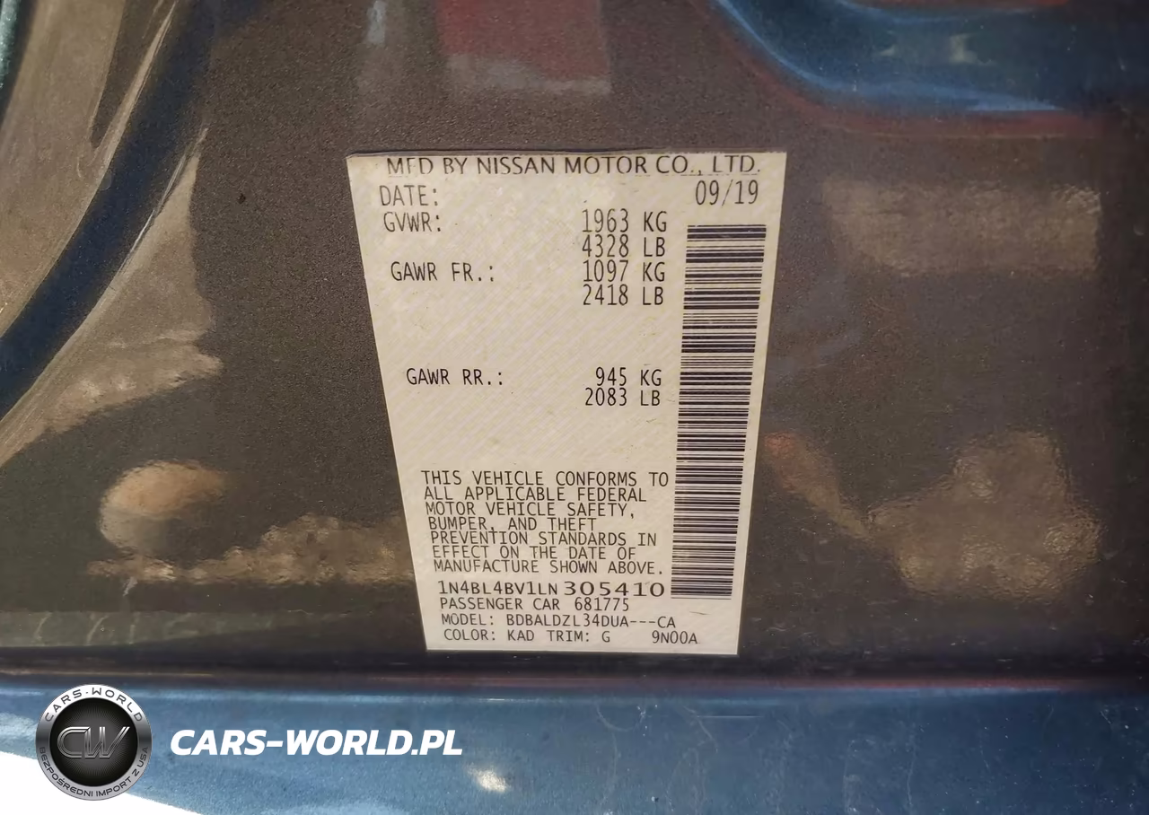 2020 Nissan Altima S Fwd VIN:1N4BL4BV1LN305410 - 9