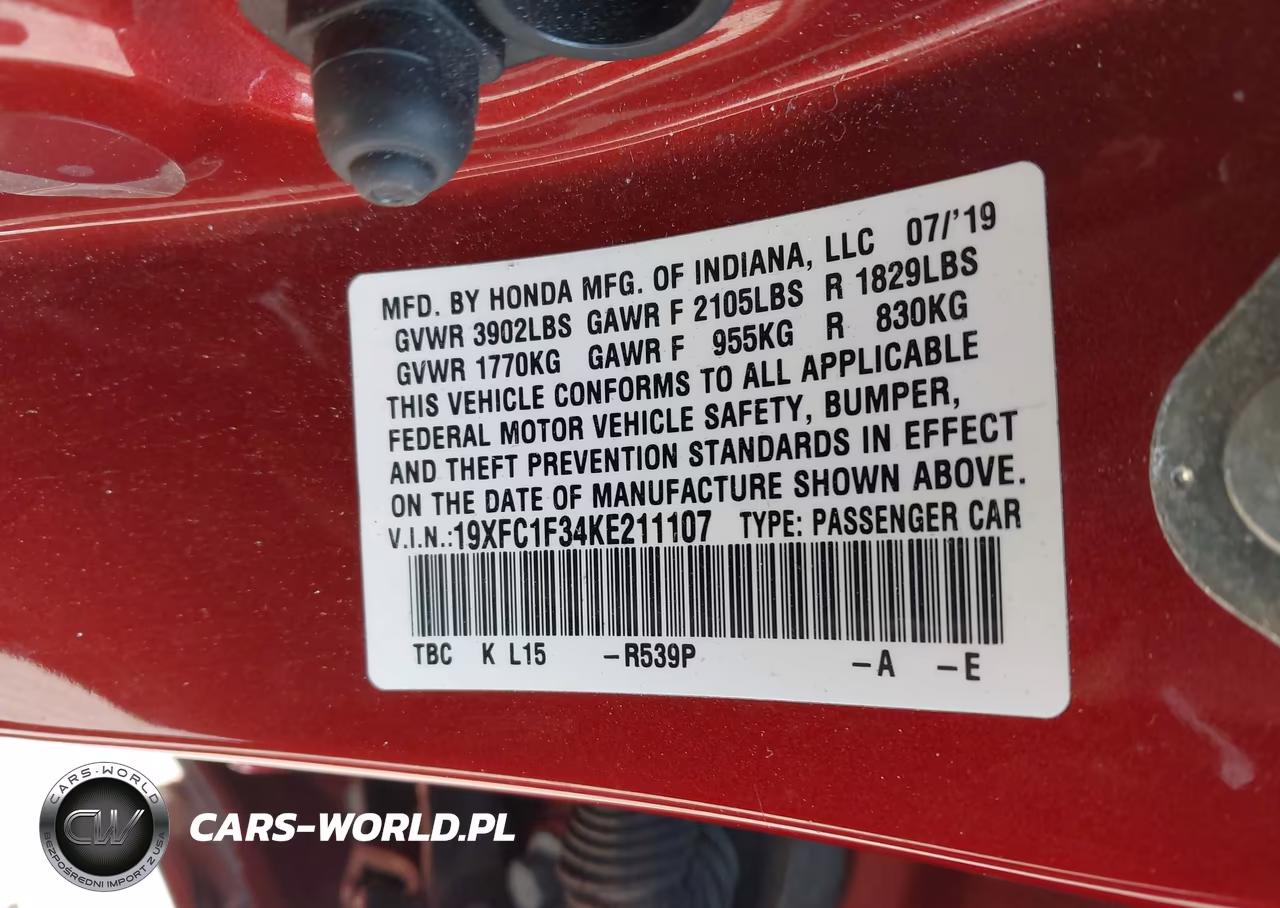 2019 Honda Civic Ex VIN:19XFC1F34KE211107 - 9