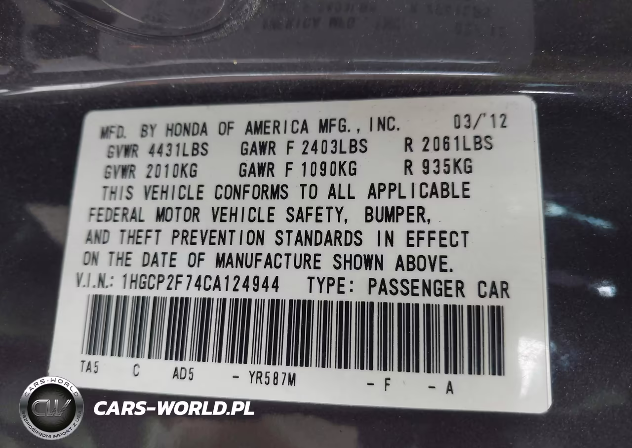 2012 Honda Accord 2.4 Ex VIN:1HGCP2F74CA124944 - 9