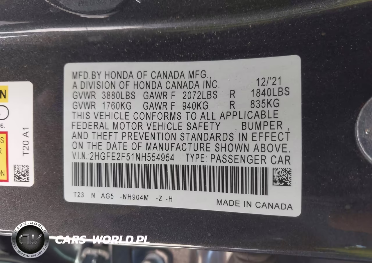 2022 Honda Civic Sport VIN:2HGFE2F51NH554954 - 9