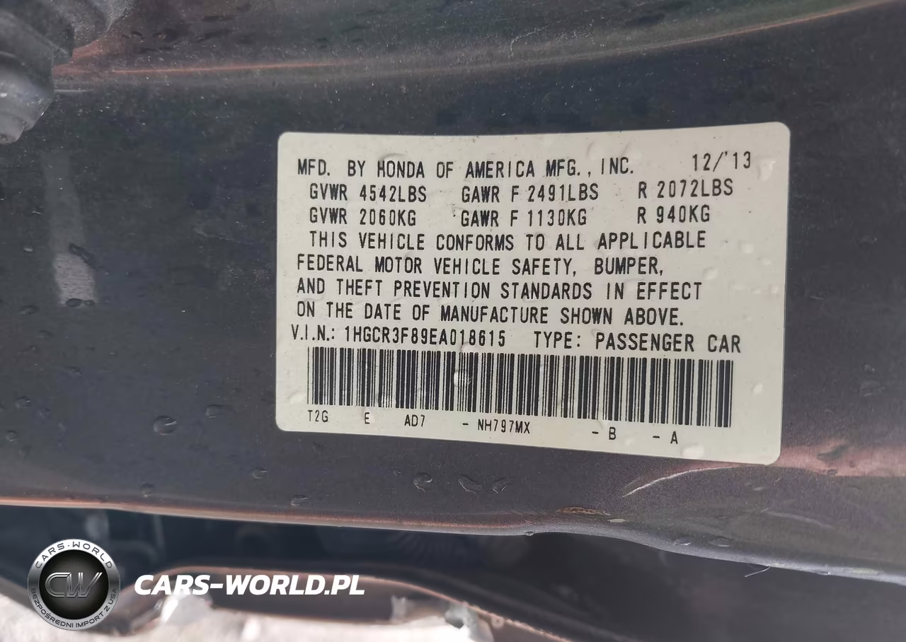 2014 Honda Accord Ex-L V-6 VIN:1HGCR3F89EA018615 - 9