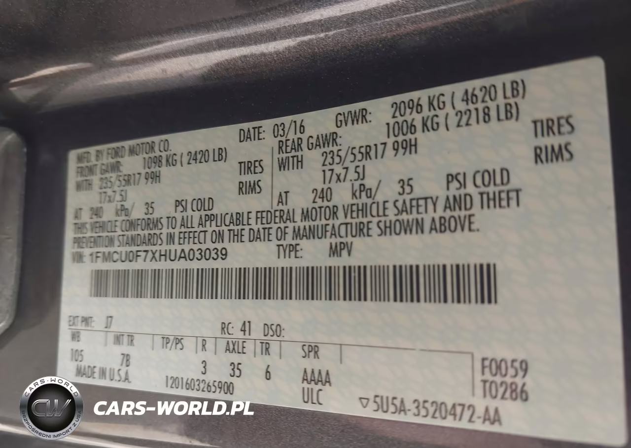 2017 Ford Escape S VIN:1FMCU0F7XHUA03039 - 9