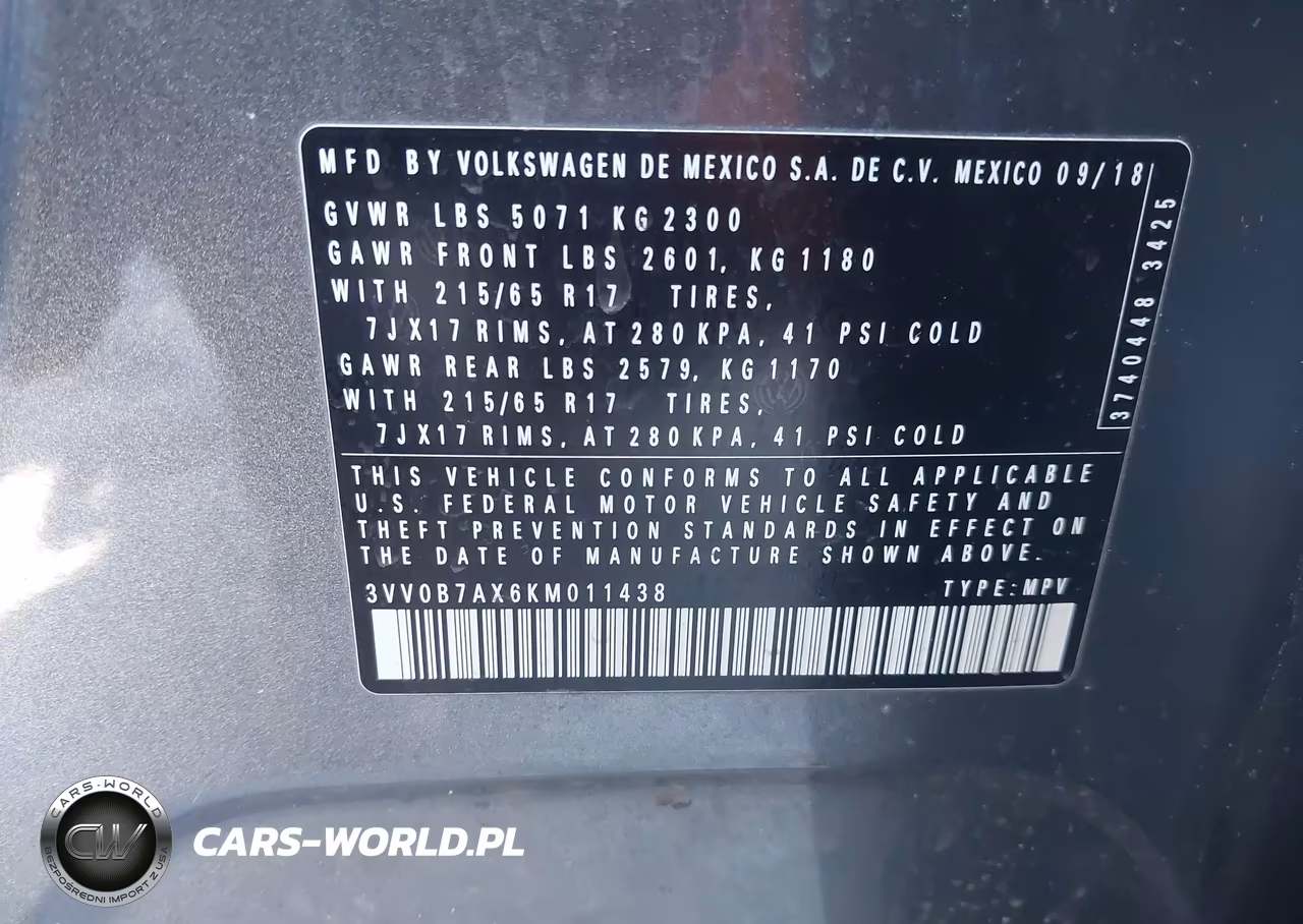 2019 Volkswagen Tiguan 2.0T S VIN:3VV0B7AX6KM011438 - 9